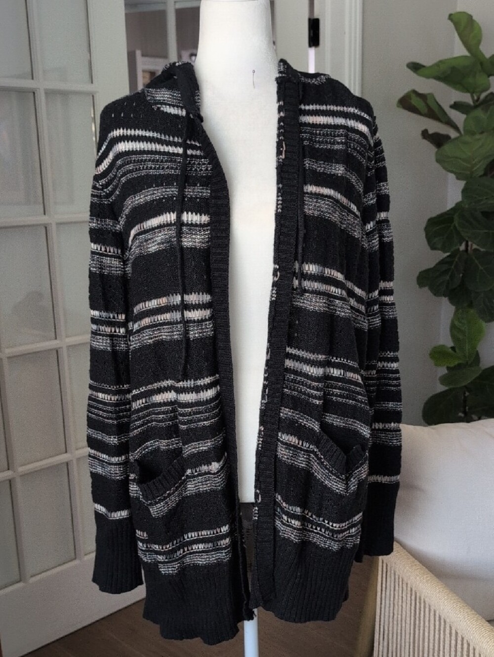 American Eagle Knit Striped Open-Front Hooded Women's Sweater Cardigan XL